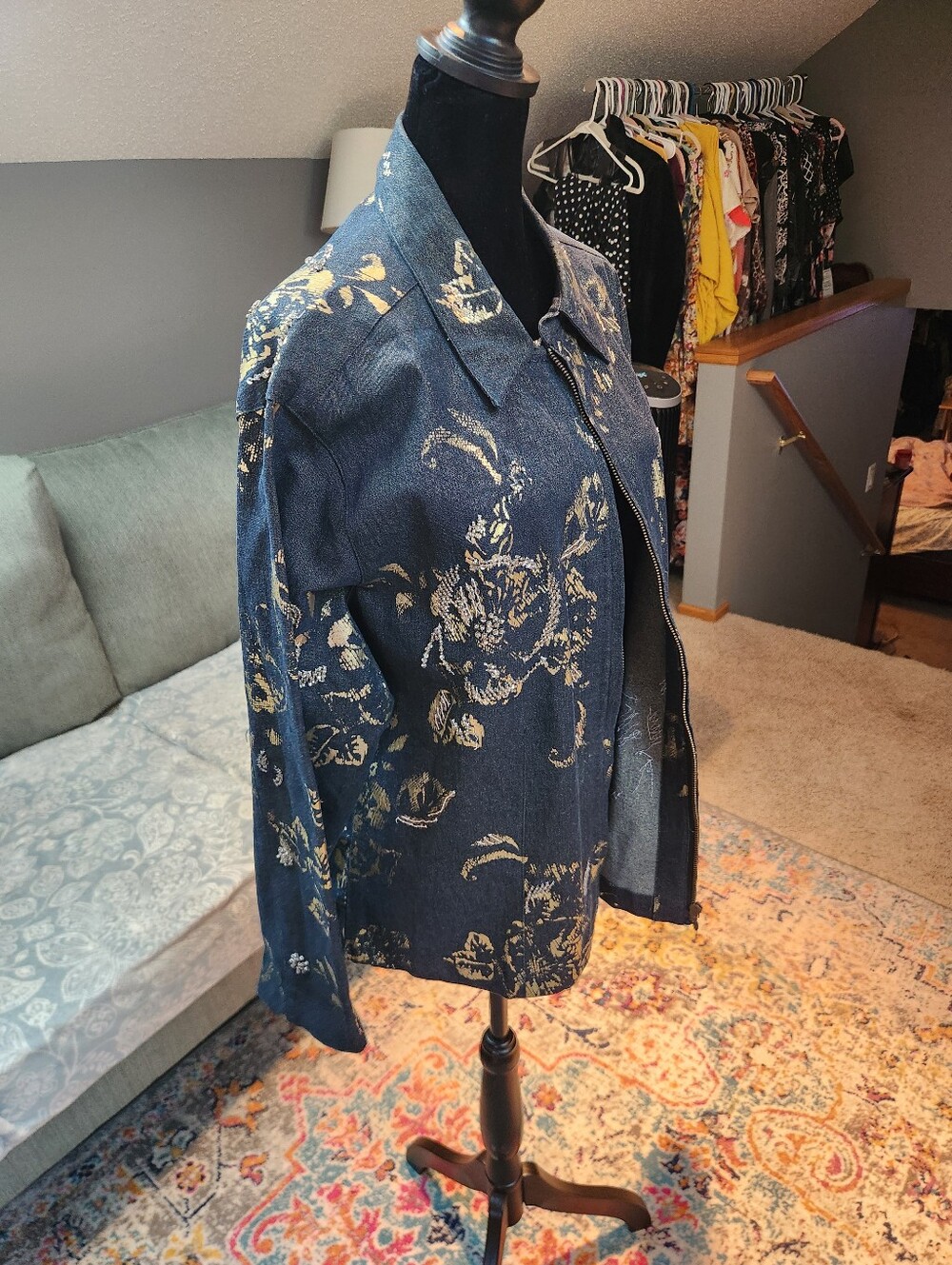 Chico's Navy Denim Jacket with Gold Floral Print XL Like New - Picture 8 of 11